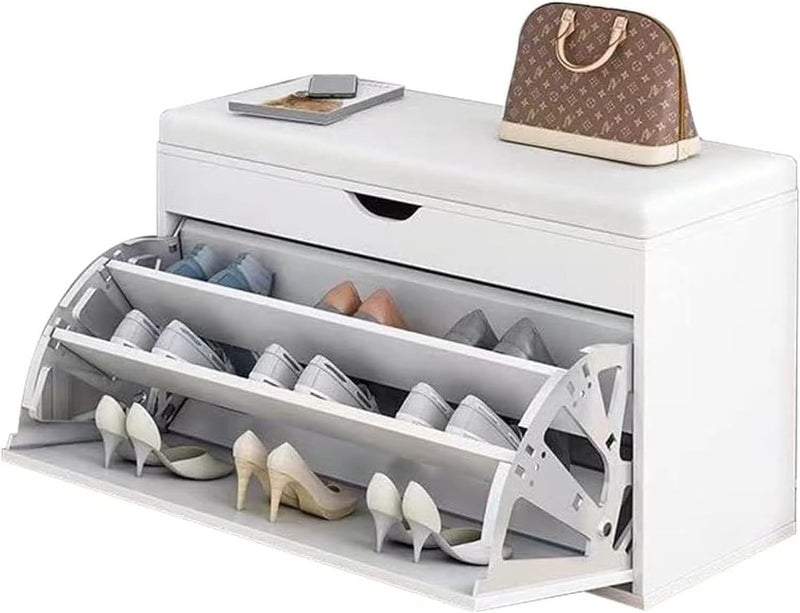 1st Shoe Storage Bench with Hidden Shoe Rack Leather Shoe Organizer Bench Modern Shoe Cabinet (60 * 30 * 50 White) - Image 1
