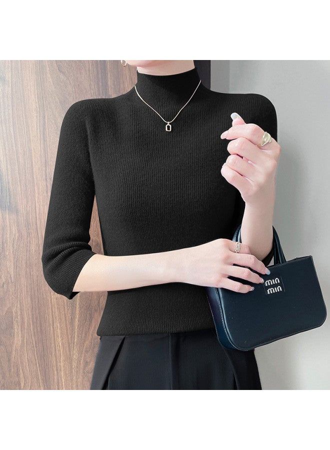 MIIOW Semi-High Neck Short Sleeve One-Piece Knitted Sweater For Women, Slim-Fitting And Versatile Pullover Top, A Must-Have For Commuting And Fashion - Image 4