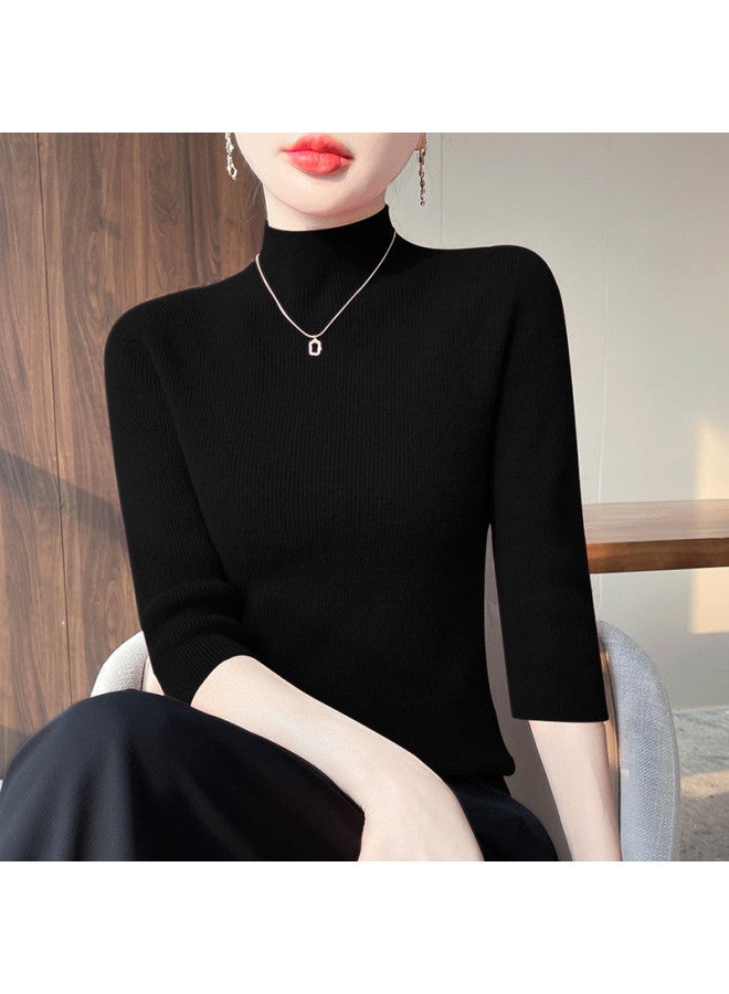 MIIOW Semi-High Neck Short Sleeve One-Piece Knitted Sweater For Women, Slim-Fitting And Versatile Pullover Top, A Must-Have For Commuting And Fashion - Image 5