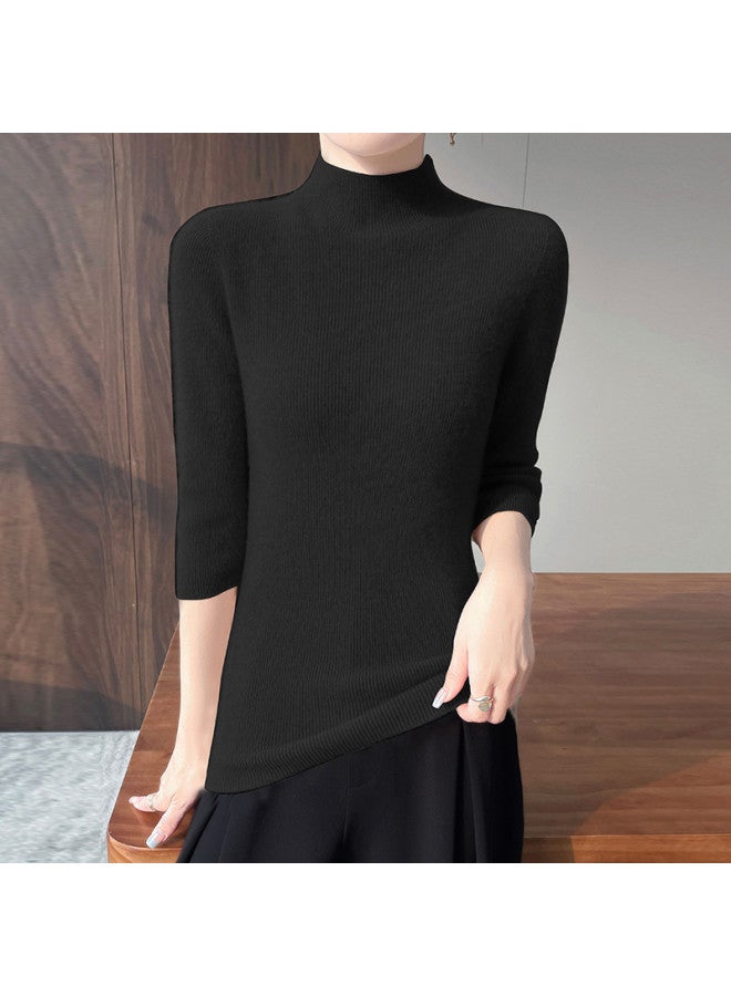 MIIOW Semi-High Neck Short Sleeve One-Piece Knitted Sweater For Women, Slim-Fitting And Versatile Pullover Top, A Must-Have For Commuting And Fashion - Image 3