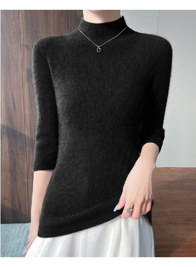 MIIOW Semi-High Neck Short Sleeve One-Piece Knitted Sweater For Women, Slim-Fitting And Versatile Pullover Top, A Must-Have For Commuting And Fashion - Image 1