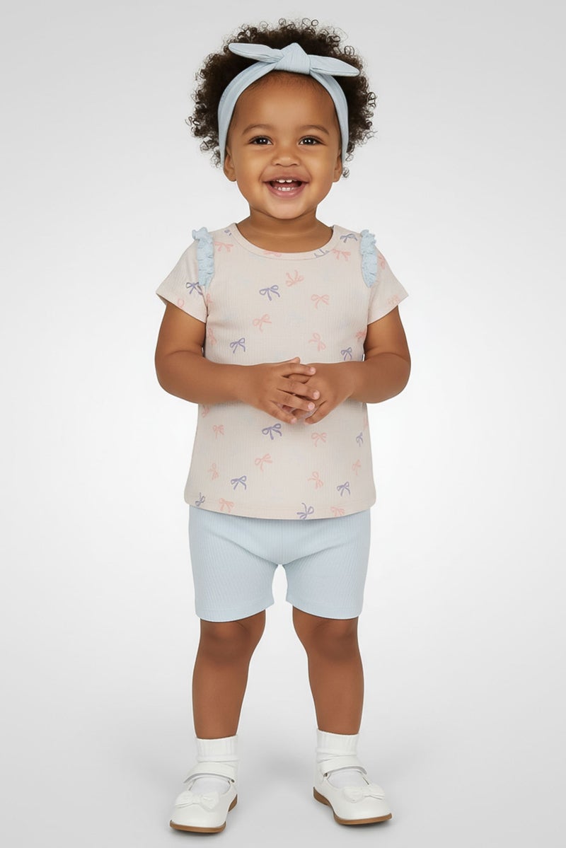 Petit Lem Toddlers Girl 3 Pieces Allover Print Top And Bottom With Headband Set, Multicolor - Image 1