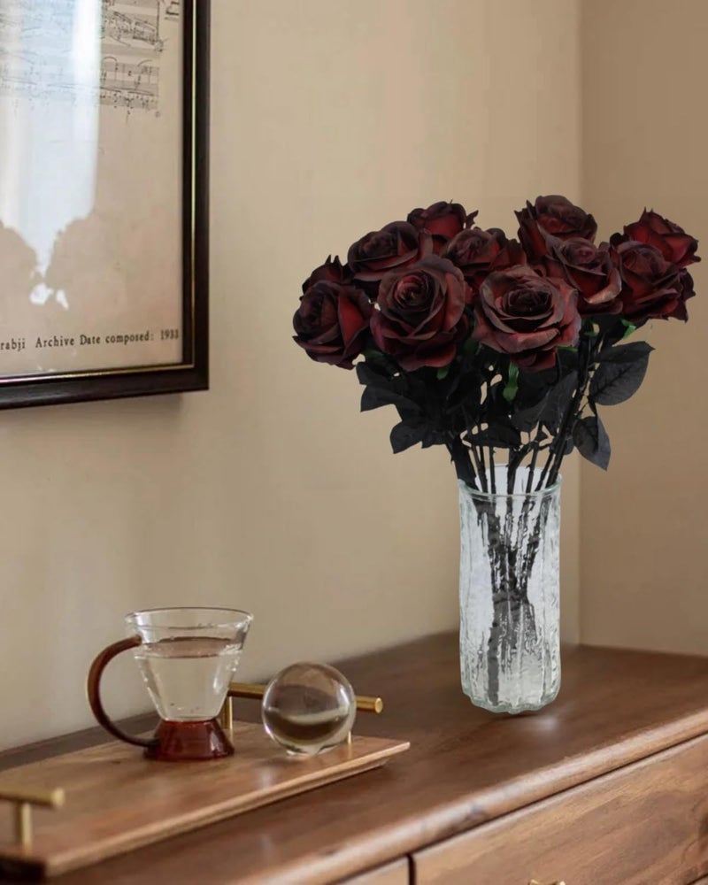 YGbridge Artificial Roses Flowers, 12 Pcs Fake Burgundy Rose in Bulk, Long Stem Realistic Silk Roses Bouquet for Halloween Decoration, Fall Home Decor, Centerpieces, Flower Arrangement (Burgundy, 12-PCS) - Image 3
