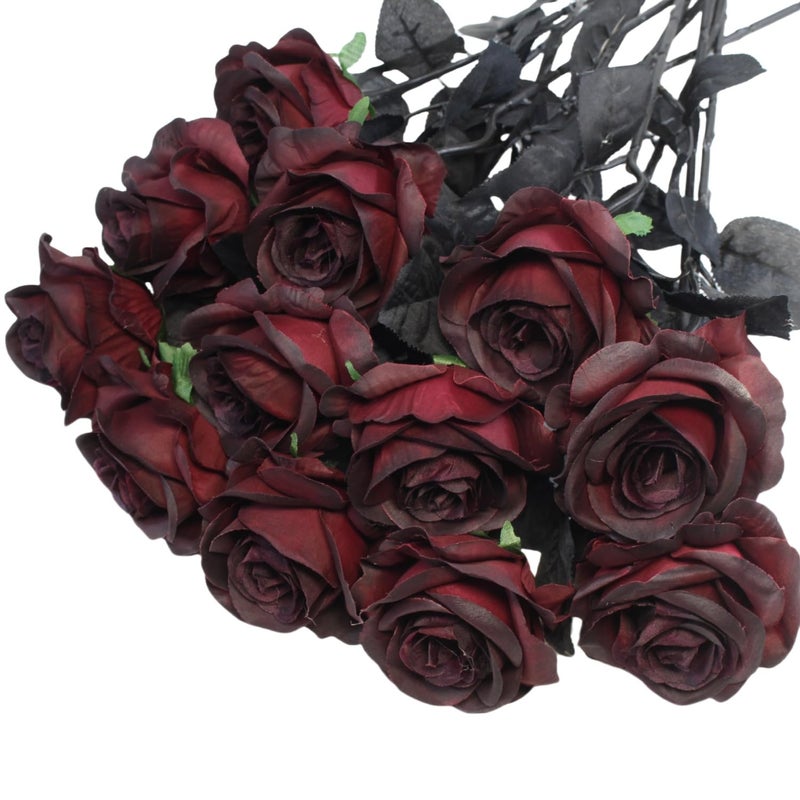 YGbridge Artificial Roses Flowers, 12 Pcs Fake Burgundy Rose in Bulk, Long Stem Realistic Silk Roses Bouquet for Halloween Decoration, Fall Home Decor, Centerpieces, Flower Arrangement (Burgundy, 12-PCS) - Image 1