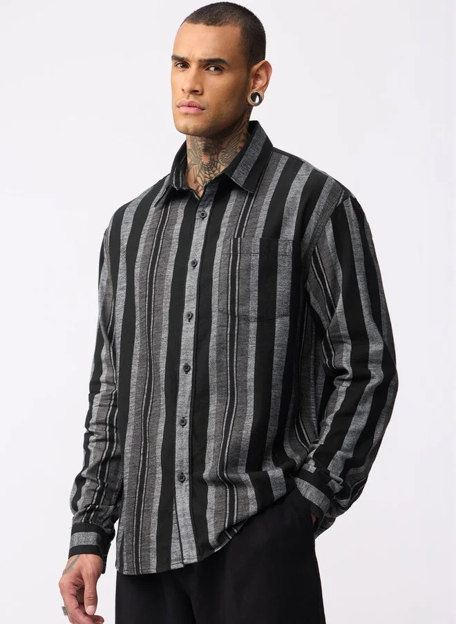 ذا سوليد ستور The Souled Store Charcoal Vertical Stripes Long Sleeve Shirt for Men