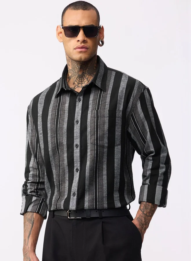 ذا سوليد ستور The Souled Store Charcoal Vertical Stripes Long Sleeve Shirt for Men