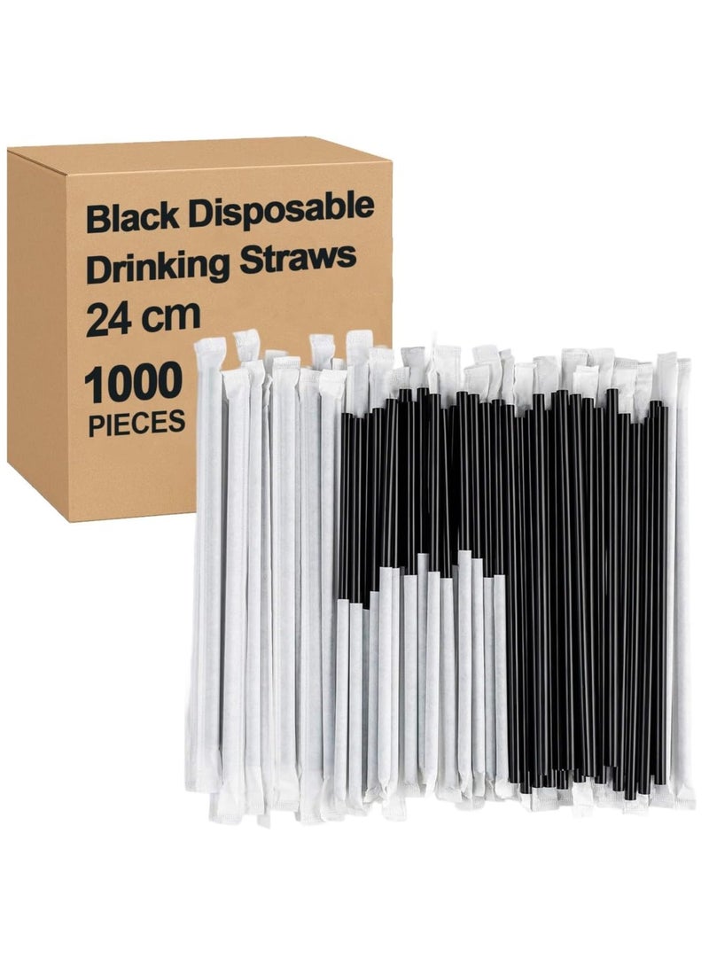 MARKQ [1000 Pieces] Black Disposable Plastic Drinking Straws [24 cm] long Individually Wrapped  - Image 1
