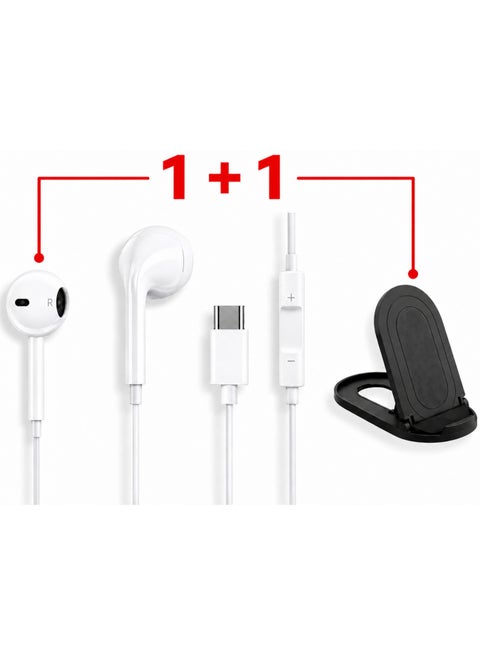 سماعات أذن سلكية USB-C مع ميكروفون وصوت ستيريو - سماعات رأس من النوع C متوافقة مع Samsung S25/S24 Ultra و A55 و iPhone 15/16/17 و Huawei وغيرها من أجهزة USB-C - صوت ستيريو جهير عميق + حامل هاتف قابل للطي قابل للتعديل بـ 12 مستوي