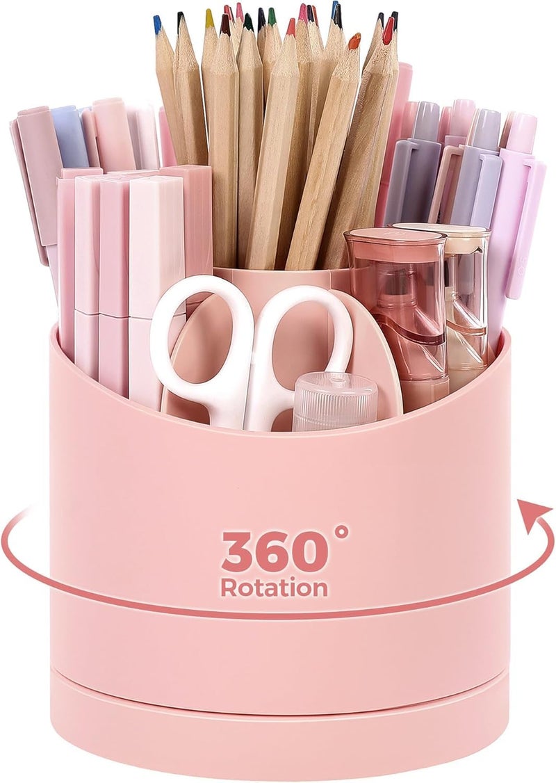 سكاي ديو skydue 360 Degree Rotating Pencil Pen Holder for Desk, Dual-Purpose Desk Organizer, Rotating Pencil Cup with 5 Slots, Office Supplies, Desk Decor for Office, School, Home(Light Pink) - Image 1
