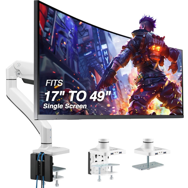 AVLT Single 1749 Super Ultrawide Monitor Arm for Screens Up to 50 lbs Premium Aluminum Desk Stand Adjustable Pneumatic Height Full Motion Swivel Tilt Rotation USB 30  AUX Ports White