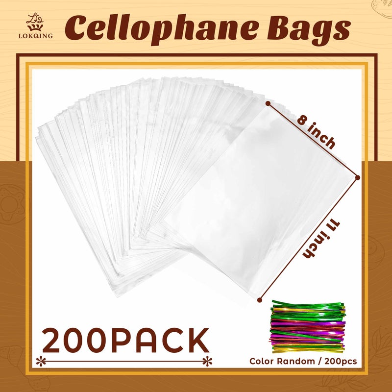 LOKQING LOKIQNG Cellophane Bags Plastic Gift Bag Clear Cookie Treat Bags with Twist Ties for Party Favor Bag(200 Pack, 8x11inch) - Image 3