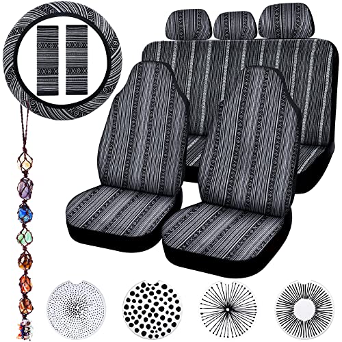 Frienda 14 Pcs Baja Car Seat Covers Full Set Multicolor Stripe Boho Print Steering Wheel Cover Seat Belt Cover Crystal Hanging Ornament Car Holders Fits Vintage Style - Image 1