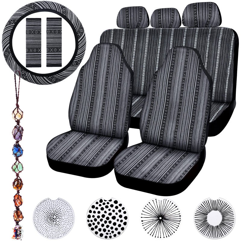 Frienda 14 Pcs Baja Car Seat Covers Full Set Multicolor Stripe Boho Print Steering Wheel Cover Seat Belt Cover Crystal Hanging Ornament Car Holders Fits Vintage Style - Image 2