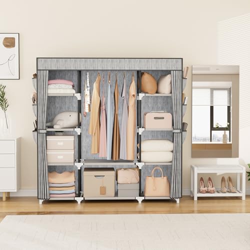 VTRIN Portable Closet Wardrobe for Hanging Clothes 57.3 Inch Large Capacity Clothes Rack with Cover, 10 Storage Organizer Shelves, 1 Hanging Rods and 6 Pockets, Free Standing Closet, Printing - Image 2