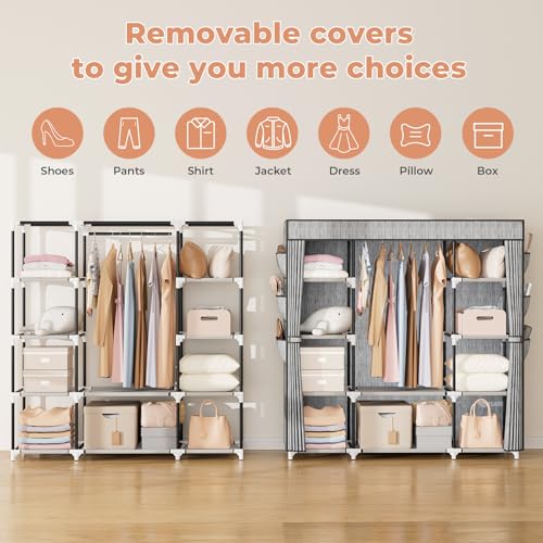 VTRIN Portable Closet Wardrobe for Hanging Clothes 57.3 Inch Large Capacity Clothes Rack with Cover, 10 Storage Organizer Shelves, 1 Hanging Rods and 6 Pockets, Free Standing Closet, Printing - Image 4