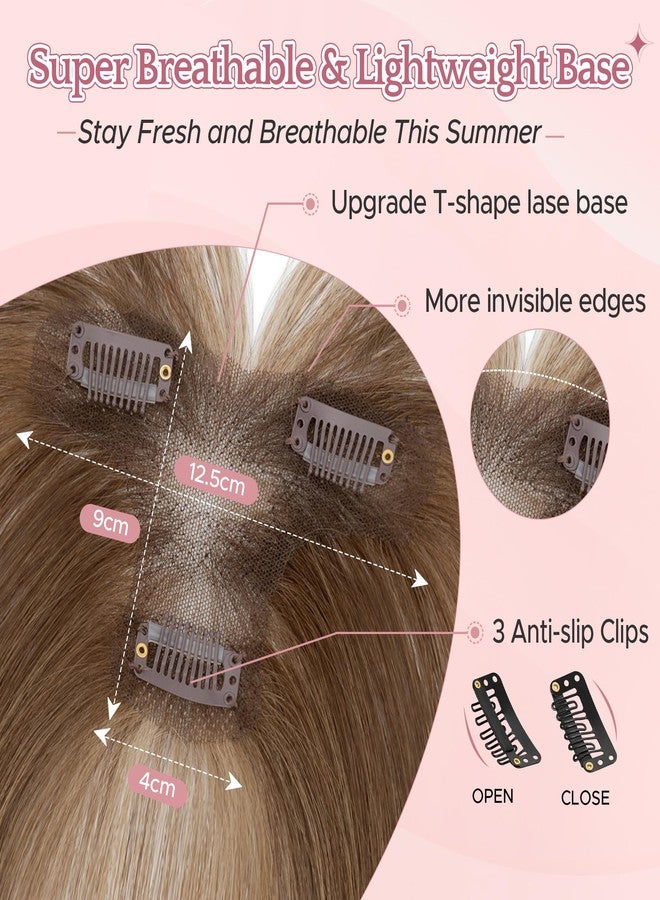SEGO Hair Toppers for Women Real Human Hair with Wispy Bangs, 9 * 12.5 cm Hand-tied Base Invisible Edges Breathable Fluffy Clip in Top Hairpieces Add Volume -4P27 Medium Brown & Dark Blonde - Image 3