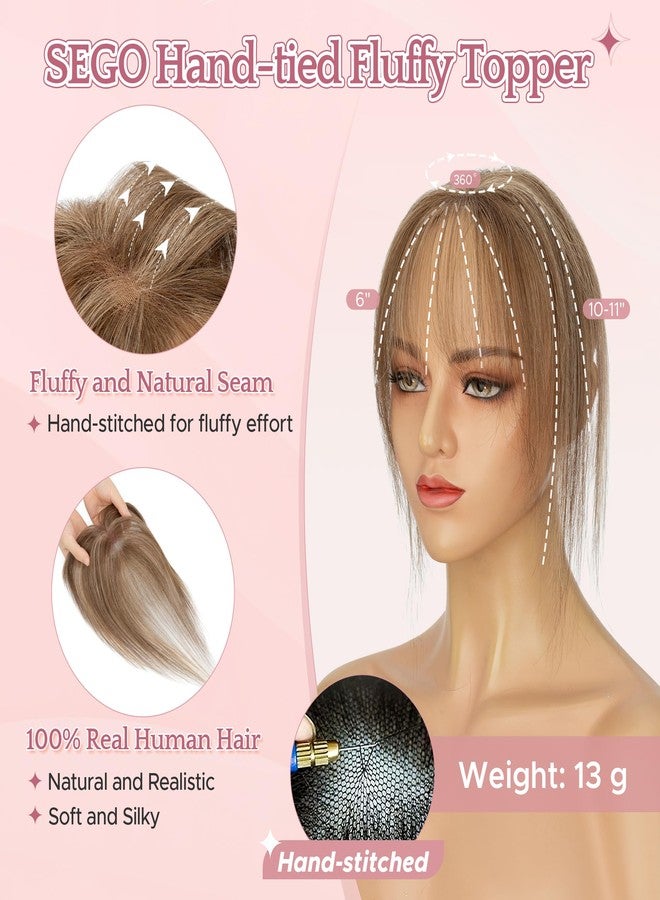 SEGO Hair Toppers for Women Real Human Hair with Wispy Bangs, 9 * 12.5 cm Hand-tied Base Invisible Edges Breathable Fluffy Clip in Top Hairpieces Add Volume -4P27 Medium Brown & Dark Blonde - Image 2