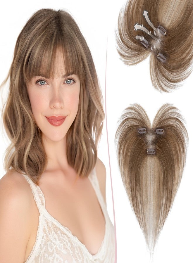 SEGO Hair Toppers for Women Real Human Hair with Wispy Bangs, 9 * 12.5 cm Hand-tied Base Invisible Edges Breathable Fluffy Clip in Top Hairpieces Add Volume -4P27 Medium Brown & Dark Blonde - Image 1