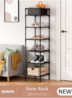 DUNISO 6 Tier Shoe Rack, Narrow Shoe Shelf with Storage Basket, Portable Shoe Storage Cabinet, Freestanding Shoe Organizer, Space Saving Corner Shoe Rack Organizer  for Entryway Porch Bedroom Garages  - Image 1