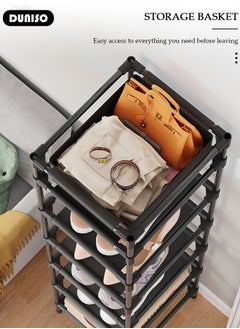 DUNISO 6 Tier Shoe Rack, Narrow Shoe Shelf with Storage Basket, Portable Shoe Storage Cabinet, Freestanding Shoe Organizer, Space Saving Corner Shoe Rack Organizer  for Entryway Porch Bedroom Garages  - Image 2