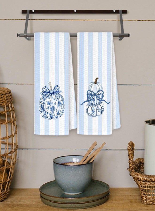 JINYO Chinoiserie Fall Pumpkins Kitchen Towels Set of 2, Blue and White Stripes Porcelain Dish Towels, Farmhouse Autumn Hand Towels for Bathroom, 16x24 Inch - Image 4