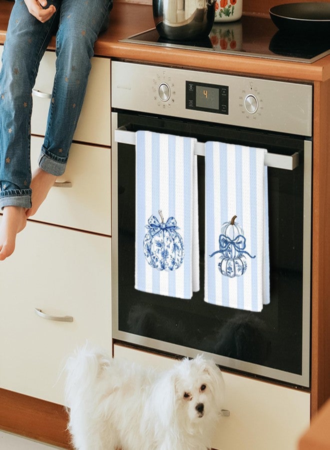 JINYO Chinoiserie Fall Pumpkins Kitchen Towels Set of 2, Blue and White Stripes Porcelain Dish Towels, Farmhouse Autumn Hand Towels for Bathroom, 16x24 Inch - Image 2