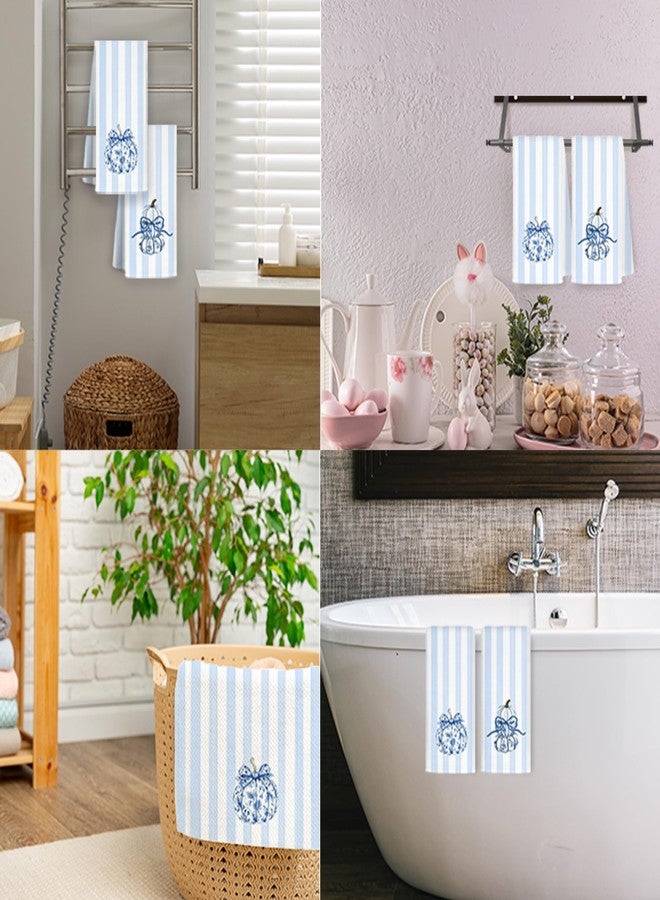JINYO Chinoiserie Fall Pumpkins Kitchen Towels Set of 2, Blue and White Stripes Porcelain Dish Towels, Farmhouse Autumn Hand Towels for Bathroom, 16x24 Inch - Image 3