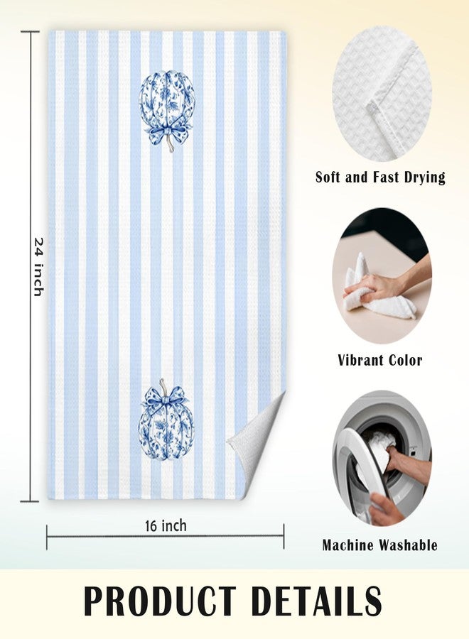 JINYO Chinoiserie Fall Pumpkins Kitchen Towels Set of 2, Blue and White Stripes Porcelain Dish Towels, Farmhouse Autumn Hand Towels for Bathroom, 16x24 Inch - Image 5