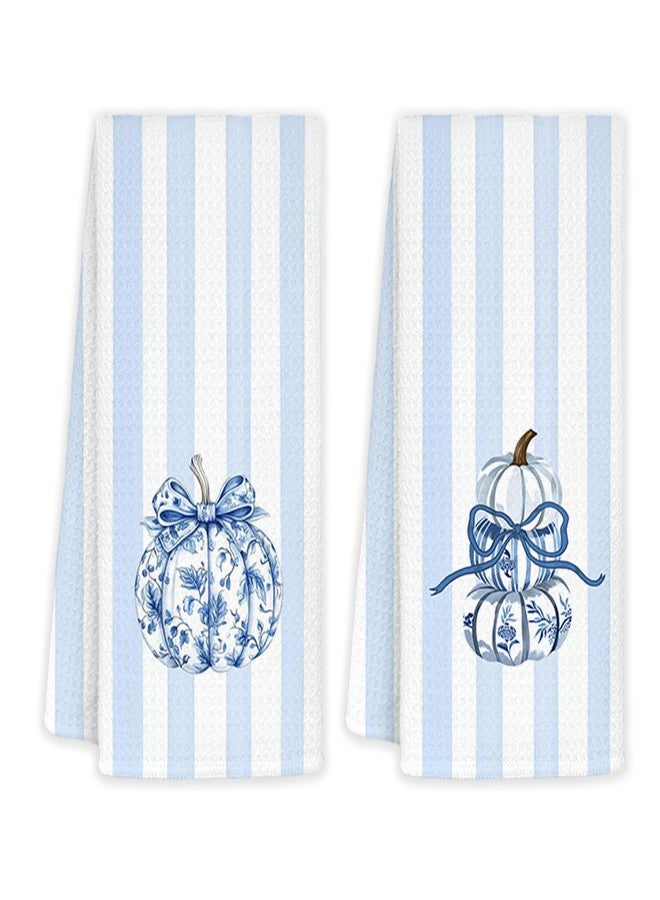 JINYO Chinoiserie Fall Pumpkins Kitchen Towels Set of 2, Blue and White Stripes Porcelain Dish Towels, Farmhouse Autumn Hand Towels for Bathroom, 16x24 Inch - Image 1