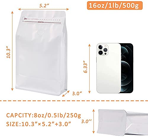 REMTAP Coffee Bags with Valve(100pcs,16oz) White High Barrier Aluminumed Foil Flat Bottom Standing Coffee Beans Storage Bags,Reusable Heat Sealable Side Zipper Pouches for Home or Store - Image 2