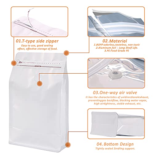 REMTAP Coffee Bags with Valve(100pcs,16oz) White High Barrier Aluminumed Foil Flat Bottom Standing Coffee Beans Storage Bags,Reusable Heat Sealable Side Zipper Pouches for Home or Store - Image 3