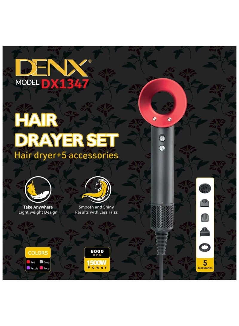 Denx Hair Dryer with Diffuser Blow Dryer Comb Brush 1500W Ionic Hair Dryer - Image 1