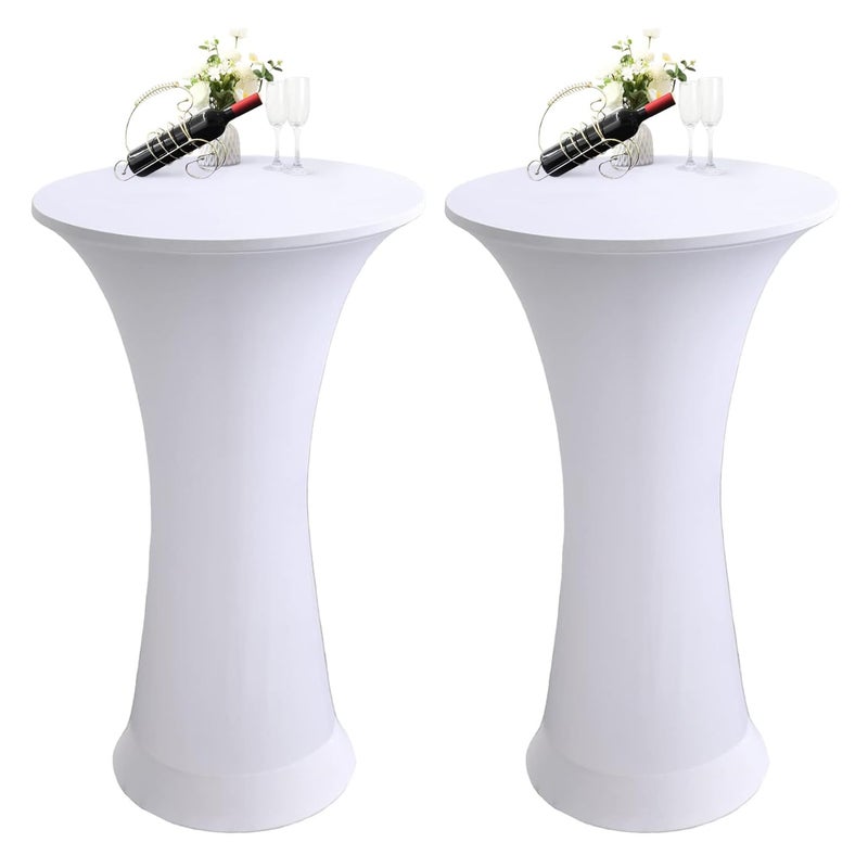 Funvalley Superfect 2 PCS Spandex Cocktail Table Cover  Fitted Stretch High Top Round Tablecloth for Bar Wedding Cocktail Birthday Party Banquet 60CM White
