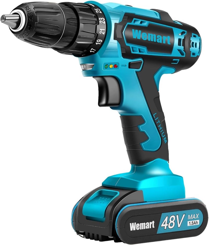 WEMART Cordless Drill Set, 48V Power Drill Kit With Battery, 25+1 Position, 2 Variable Speed, 3/8'' Keyless Chuck, Fast Charger With Tool Bag - Image 1