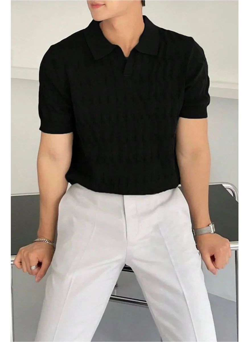 Cool Tarz Cool Style Men's Black Thin Hair Knitted Slim Fit Polo Neck Knitwear T-Shirt