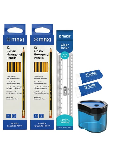 MAXI HEXAGONAL BLACK LEAD PENCIL 12pcX2PKT+PLASTIC CLEAR RULER 15CM+SINGLE HOLE BARREL SHARPENER + CLASSIC ERASER-2PCS ASSORTED