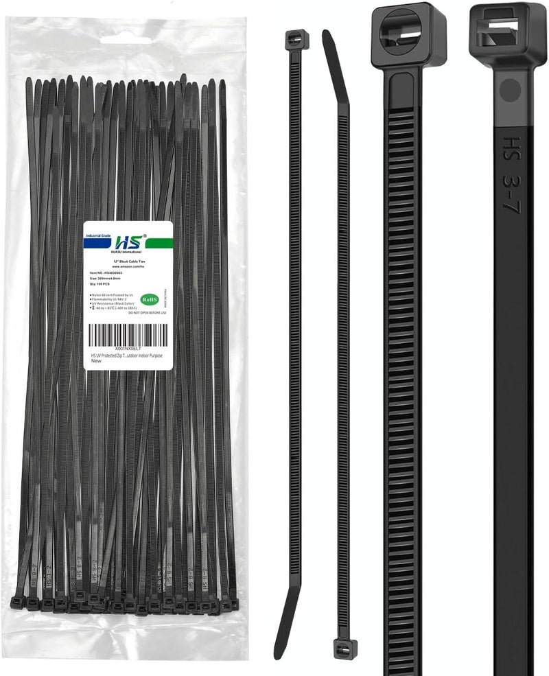 HS UV Protected Zip Ties 12 Inch (100 Pack) Self Locking Strong Plastic Wire Ties 12 Inch Black Nylon Cable Ties 50 LBS,Outdoor Indoor Purpose - Image 1