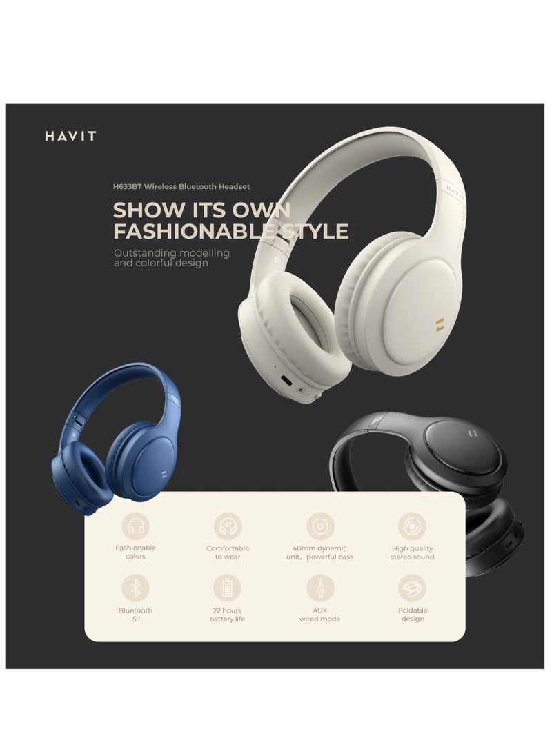 havit - Over-Ear Wireless Headset, Bluetooth Headphone, 40mm Dynamic Drivers for Powerful Bass, Stereo Sound Quality, Foldable Design, 22-Hours Battery Life, and Aux Wired Option for Versatile Listening and Extended Audio Experience- Blue - Image 1