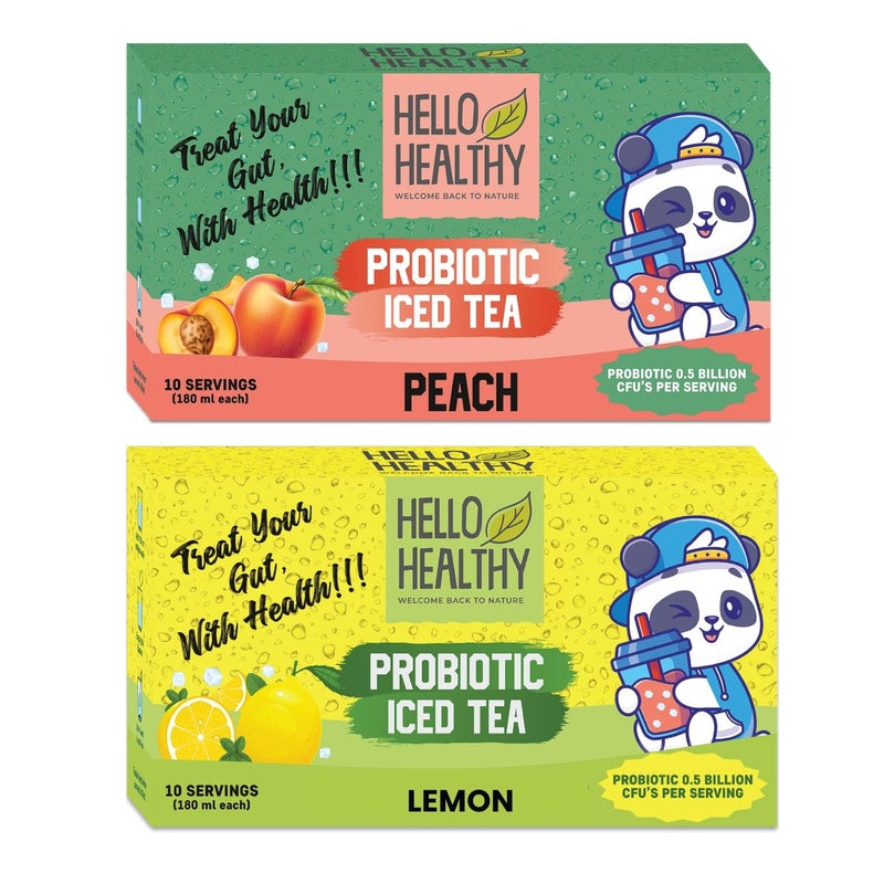 Hello Healthy شاي مثلج صحي بنكهة الخوخ والليمون عبوة من 2 مجموعة (20 كيس) صندوق | مشروب صيفي | مسحوق شاي مثلج | جاهز للشرب | مشروب فوري | مشروب منعش | بدون مكونات صناعية - Image 1