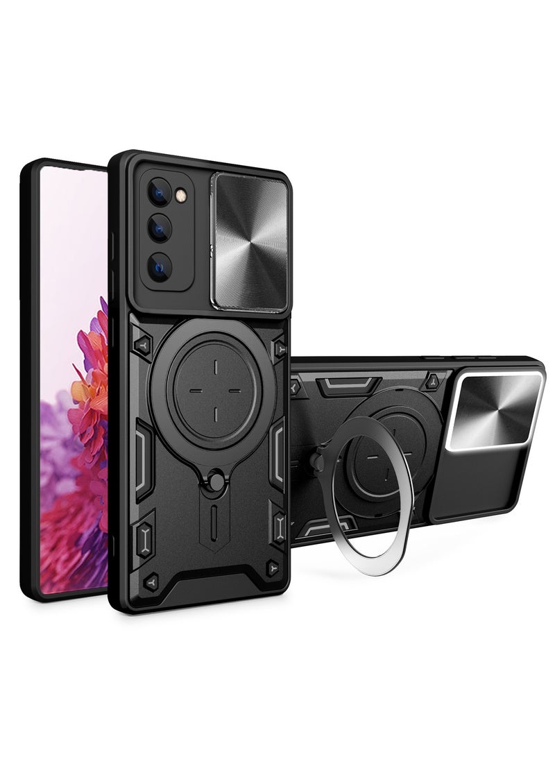 جراب حمايه مقاوم للصدمات وحمايه للكاميرا مزود بدبله معدنيه سي دي متوافق مع Samsung Galaxy S20 FE (اسود) - Image 1