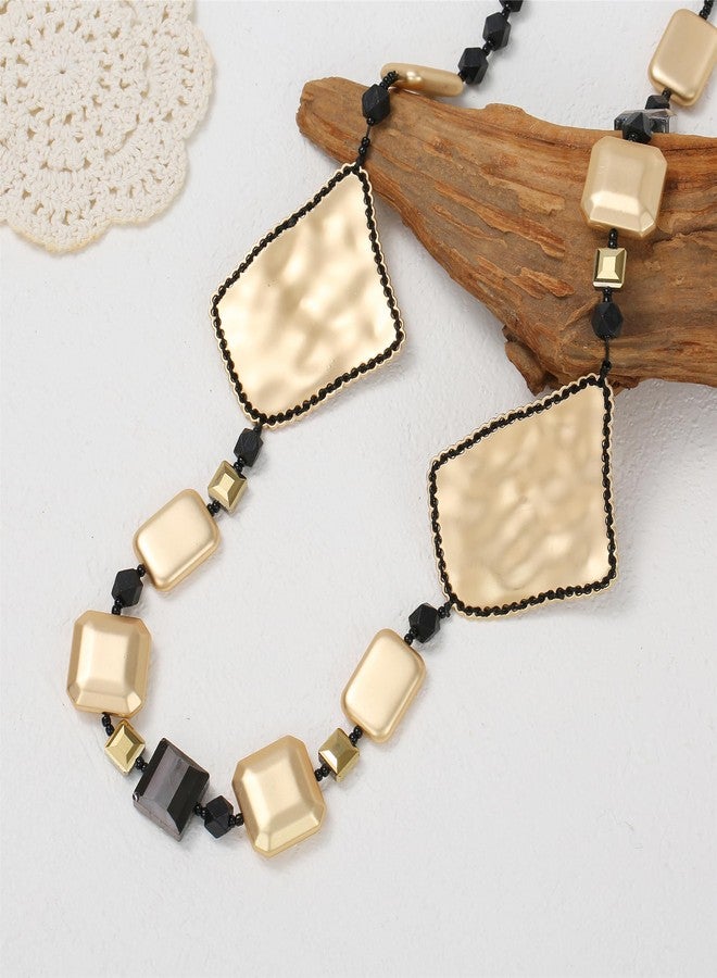 Xalroco Long Necklace / Beaded Statement Necklace / Adjustable Cord and Fabric Necklace with Geometric Metals, Braided Balls, Ceramic, Shell, Lava or Natural Stone Beads / Fashion Jewelry (Black/Geometric Metals) - Image 2
