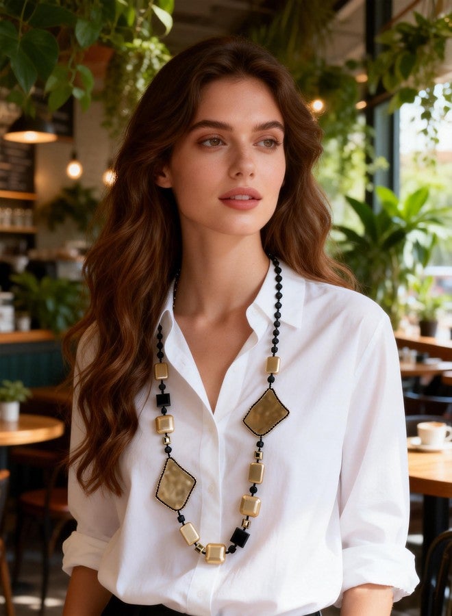 Xalroco Long Necklace / Beaded Statement Necklace / Adjustable Cord and Fabric Necklace with Geometric Metals, Braided Balls, Ceramic, Shell, Lava or Natural Stone Beads / Fashion Jewelry (Black/Geometric Metals) - Image 4