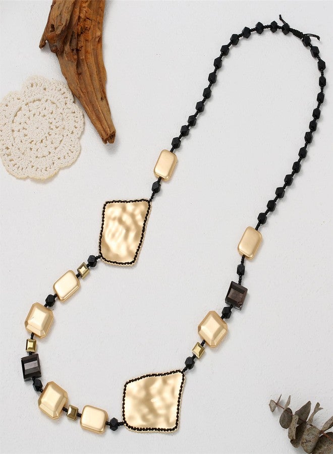 Xalroco Long Necklace / Beaded Statement Necklace / Adjustable Cord and Fabric Necklace with Geometric Metals, Braided Balls, Ceramic, Shell, Lava or Natural Stone Beads / Fashion Jewelry (Black/Geometric Metals) - Image 3