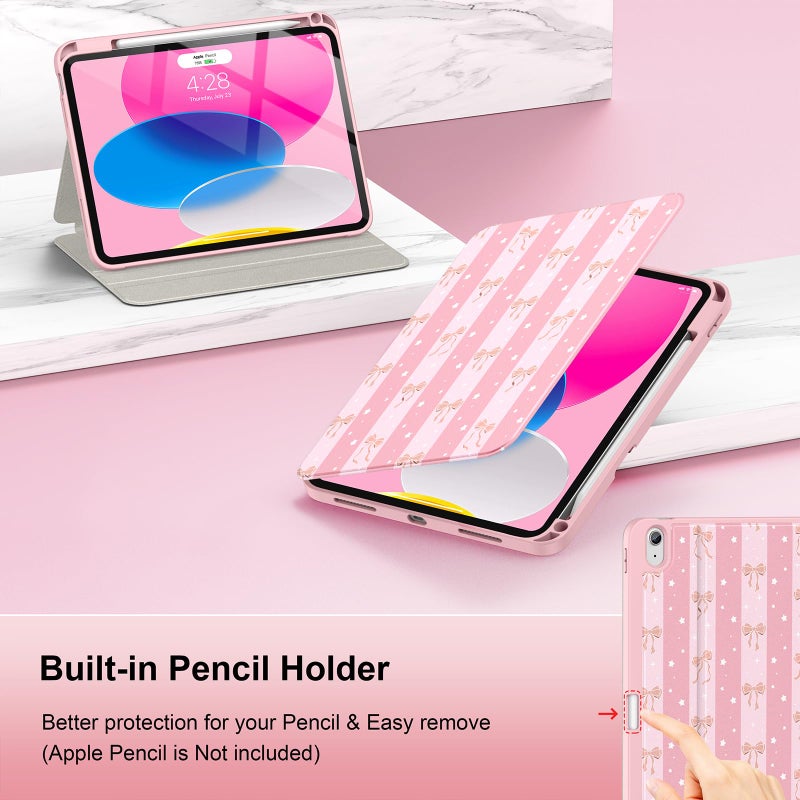 Supveco Case for iPad (A16) 11th Generation 11 inch (2025),iPad 10th Generation 10.9 inch (2022) with Pencil Holder,Premium Folio Stand Case with Soft TPU Back Cover,Auto Wake/Sleep-Pink Bow - Image 4