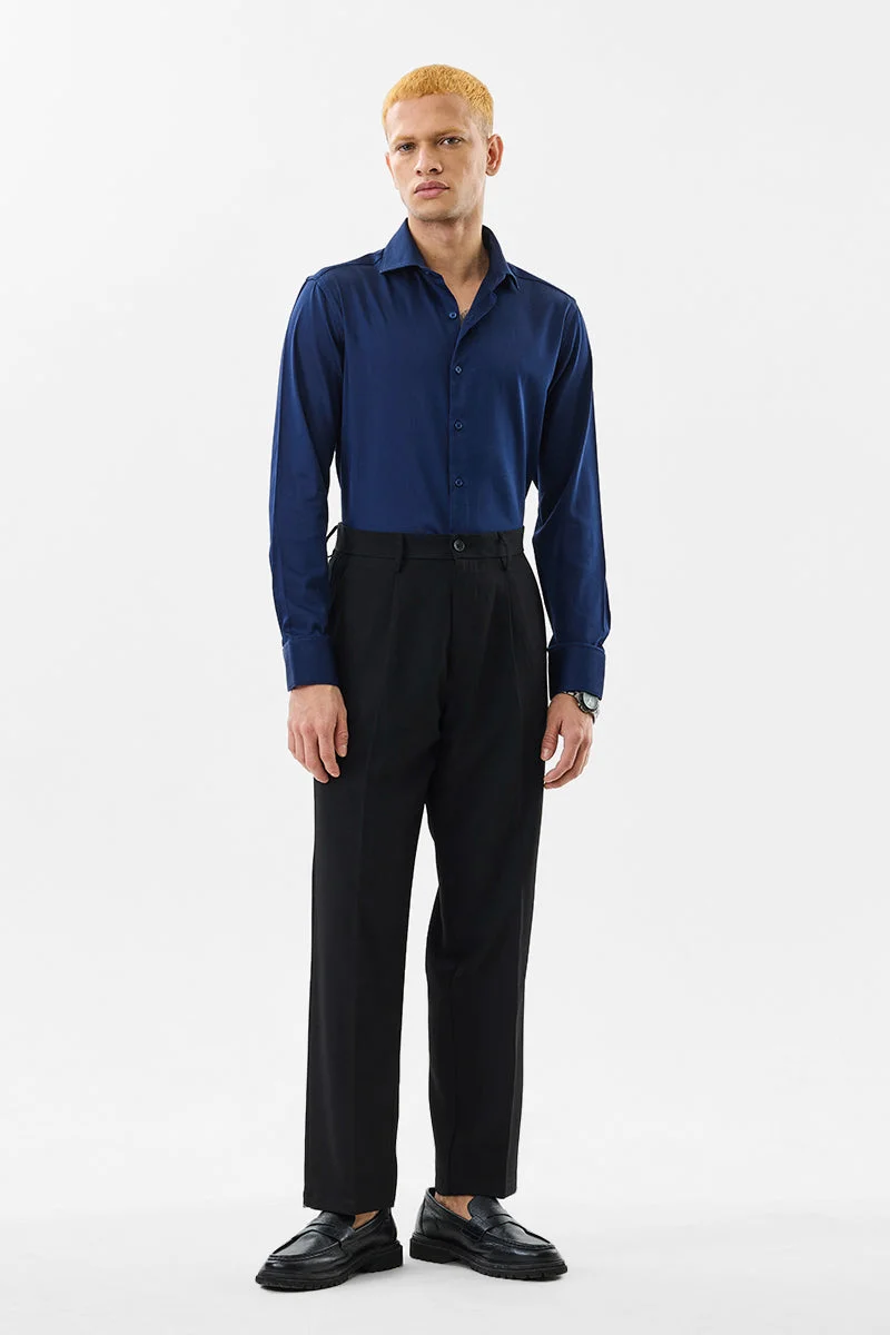 SNITCH Navy Blue Solid Long Sleeve Slim Fit Formal Shirt