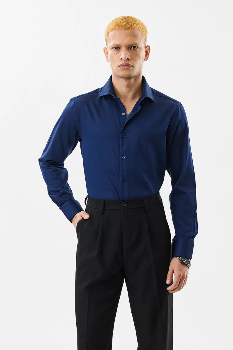 SNITCH Navy Blue Solid Long Sleeve Slim Fit Formal Shirt