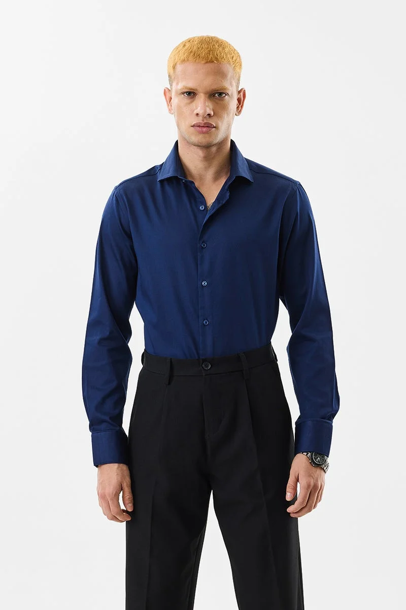 سنيتش Navy Blue Solid Long Sleeve Slim Fit Formal Shirt
