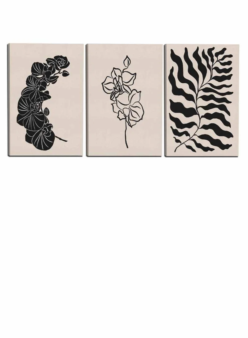 LOWHA Set Of 3 Canvas Wall Arts Stretched Over Wooden Frame with Abstract Plant Leaves Paintings