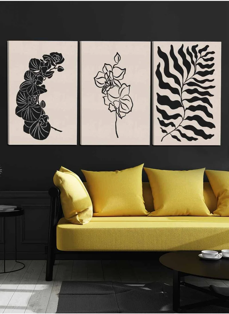 LOWHA Set Of 3 Canvas Wall Arts Stretched Over Wooden Frame with Abstract Plant Leaves Paintings