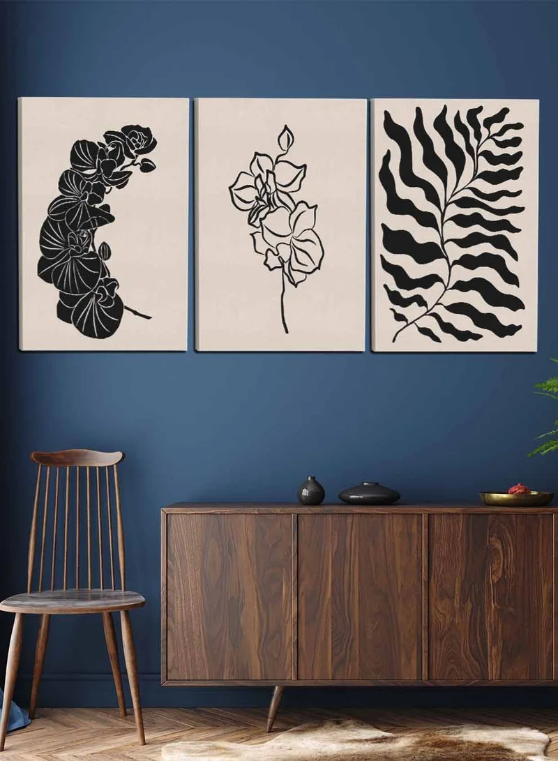LOWHA Set Of 3 Canvas Wall Arts Stretched Over Wooden Frame with Abstract Plant Leaves Paintings